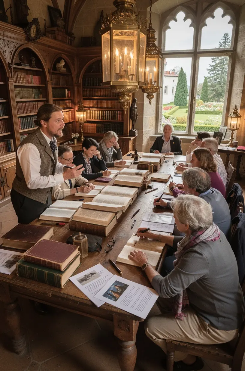 Touristen genießen eine informative Führung durch ein Museum zur deutschen Geschichte in einem alten Schloss.