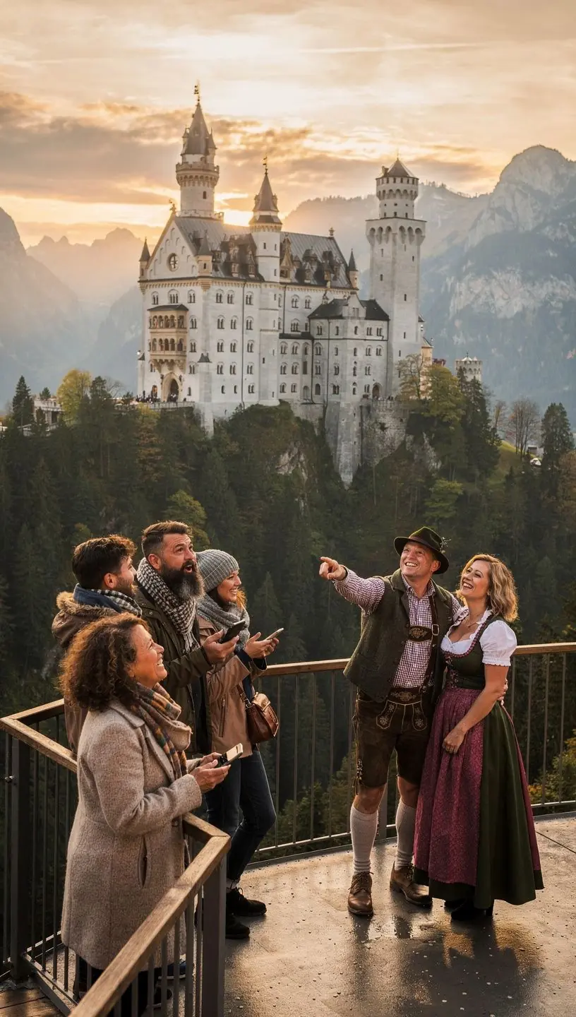 Geführte Gruppe von Reisenden erkundet eine mittelalterliche Burg im Rahmen einer kulturellen Deutschlandreise.